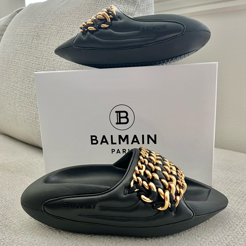 NWT * Balmain "B It" quilted lambskin leather chain slide sandals, Black Sz 40